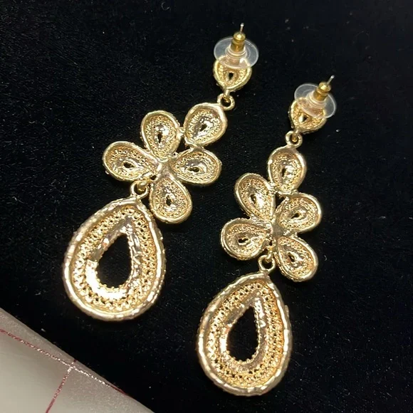RHINESTONE/GOLD EVENING 3" Drop Glamour Party Wedding Pierced Cocktail Earrings - Picture 7 of 11
